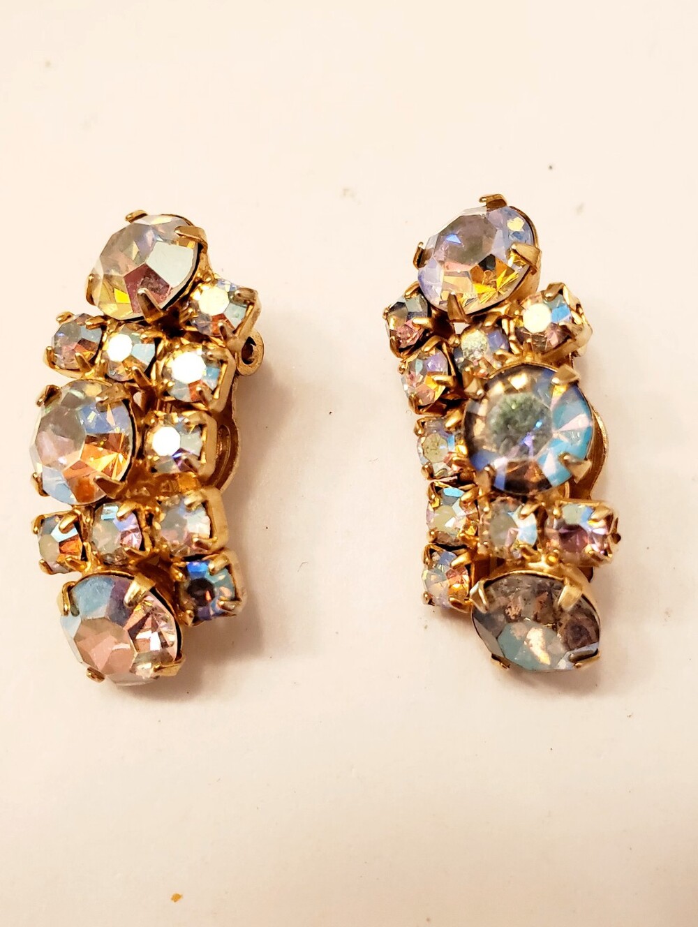 Aurora Borealis Crystal Clip-On Earrings, Clip On Ear Climber, 1960's